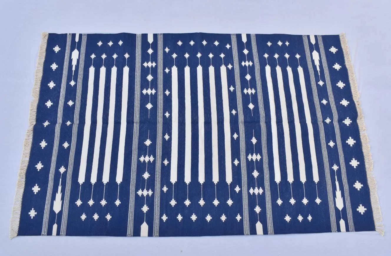 Multiple Sizes Cotton Blue And White Woven Modern Cotton Rug Dhurrie- Handmade Rug - Image 2