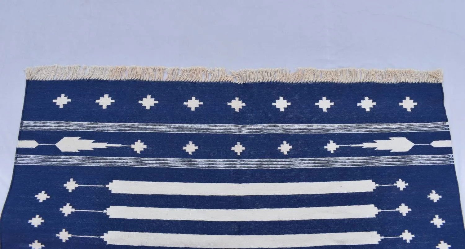 Multiple Sizes Cotton Blue And White Woven Modern Cotton Rug Dhurrie- Handmade Rug - Image 3