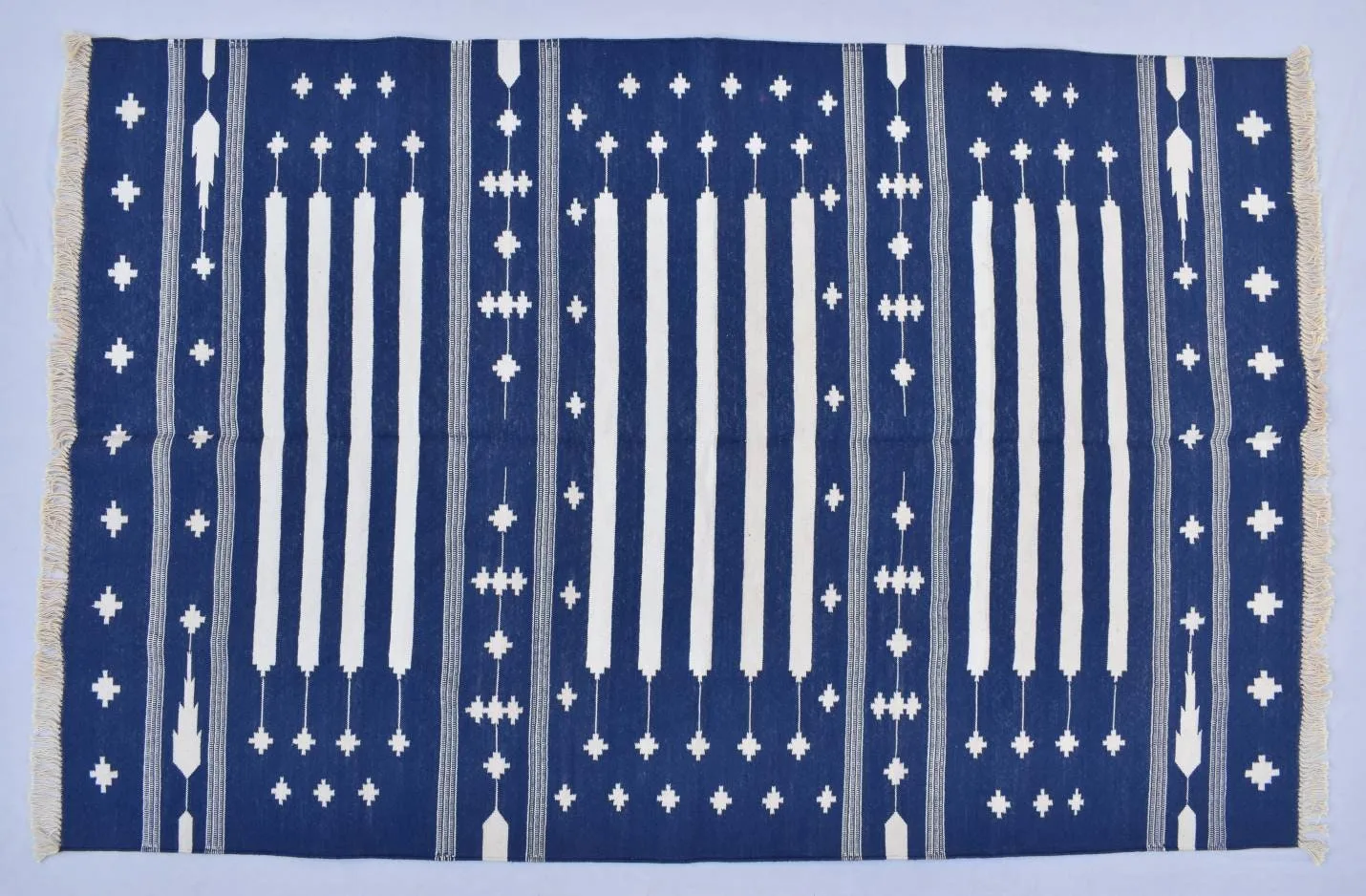 Multiple Sizes Cotton Blue And White Woven Modern Cotton Rug Dhurrie- Handmade Rug - Image 1