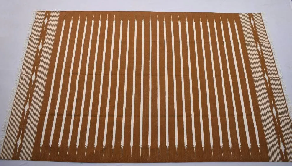 Cooper Brown and White Cotton Handmade Modern Stripes Rug- Flat weave and Hand woven Kilim Rug - Image 2