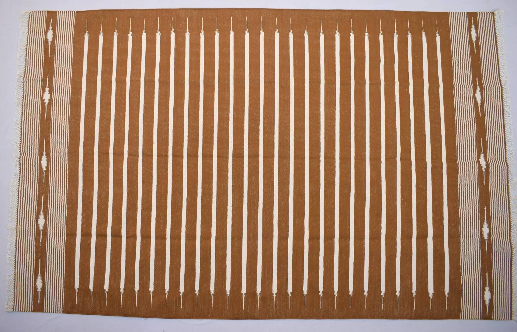 Cooper Brown and White Cotton Handmade Modern Stripes Rug- Flat weave and Hand woven Kilim Rug - Image 1