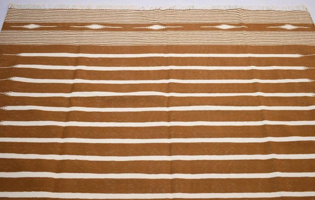 Cooper Brown and White Cotton Handmade Modern Stripes Rug- Flat weave and Hand woven Kilim Rug - Image 3