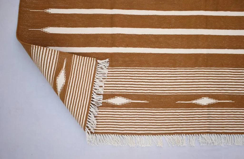 Cooper Brown and White Cotton Handmade Modern Stripes Rug- Flat weave and Hand woven Kilim Rug - Image 7