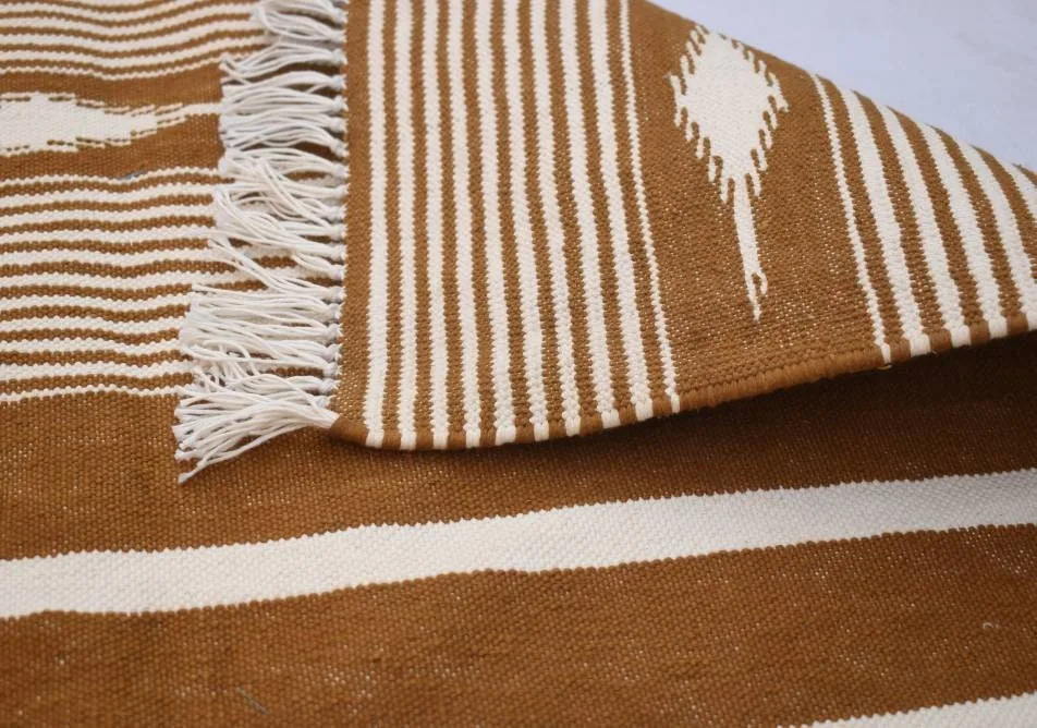 Cooper Brown and White Cotton Handmade Modern Stripes Rug- Flat weave and Hand woven Kilim Rug - Image 4