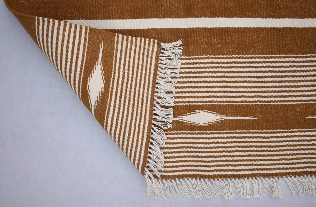 Cooper Brown and White Cotton Handmade Modern Stripes Rug- Flat weave and Hand woven Kilim Rug - Image 8
