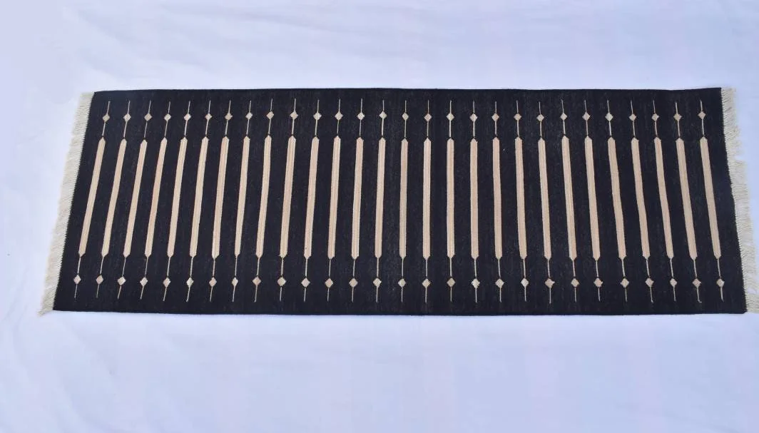 Black and Beige Modern Striped Cotton Flat weave Hand woven rug- Reversible Kilim Rug - Image 2