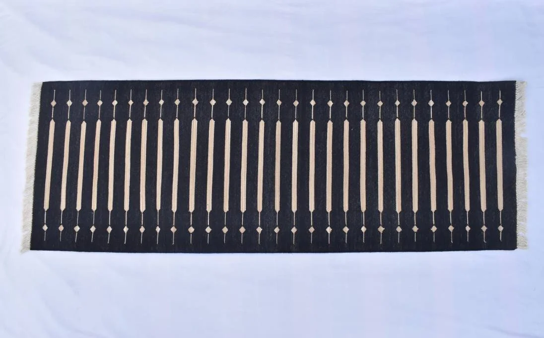 il_fullxfull.4081126806_6e7y Black and Beige Modern Striped Cotton Flat weave Hand woven rug- Reversible Kilim Rug - Image 1