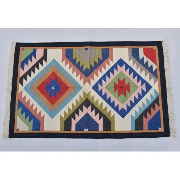 2.5x4 ft. Cotton Colourful Black Border Hand woven Dhurrie Rug